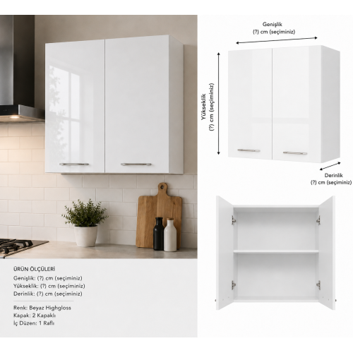 Mutfak Dolabı Üst Modül Highgloss Parlak Kapak/Mdflam Gövde 