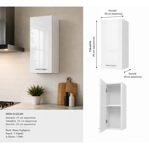 Mutfak Dolabı Üst Modül Highgloss Parlak Kapak/Mdflam Gövde 