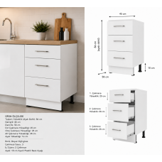 Mutfak Dolabı Alt 3 Çekmece Modülü Highgloss Raylı Parlak Kapak/Mdflam Gövde (45x58x86 cm)